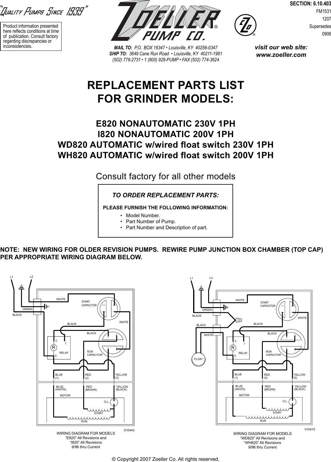 536722 2 Zoeller E820, I820, Wd820, Wh820 Repair Parts Fm1531 820 List