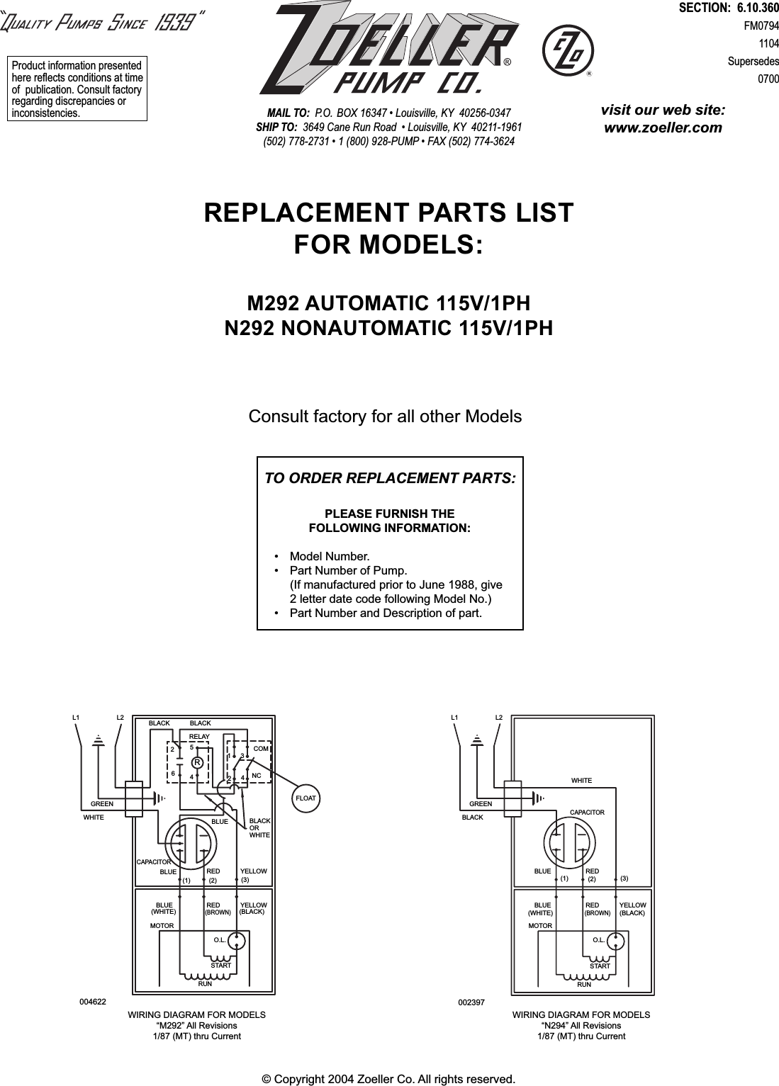 Page 1 of 4 - 536722 4 Zoeller M292, N292 Repair Parts Fm0794-292 List User Manual