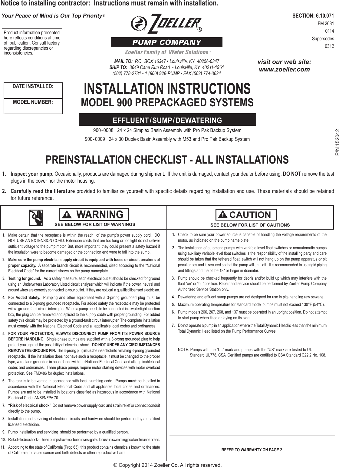 Page 1 of 4 - 536921 2 Zoeller 900 Series Sump Pump System Installation Instructions User Manual