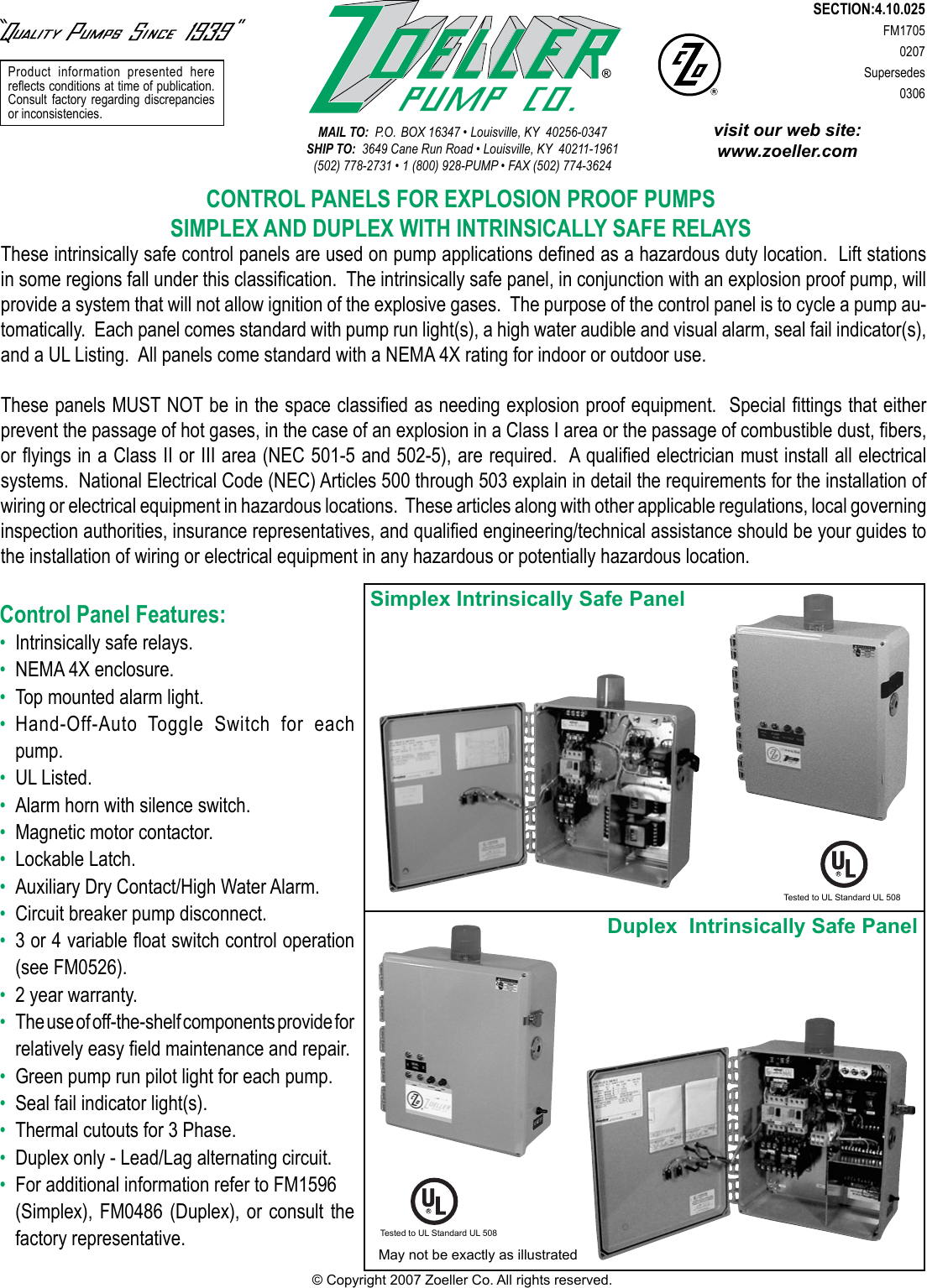 Page 1 of 2 - 537022 1 Zoeller Simplex Intrinsically Safe Control Panel Brochure Fm1705-Simplex & Duplex Explosion Proof Pump Panels User Manual