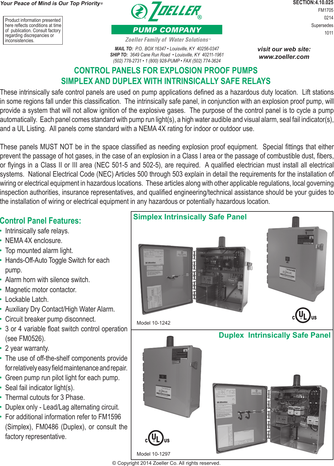 537023 1 Zoeller Explosion Proof Control Panel Brochure User Manual