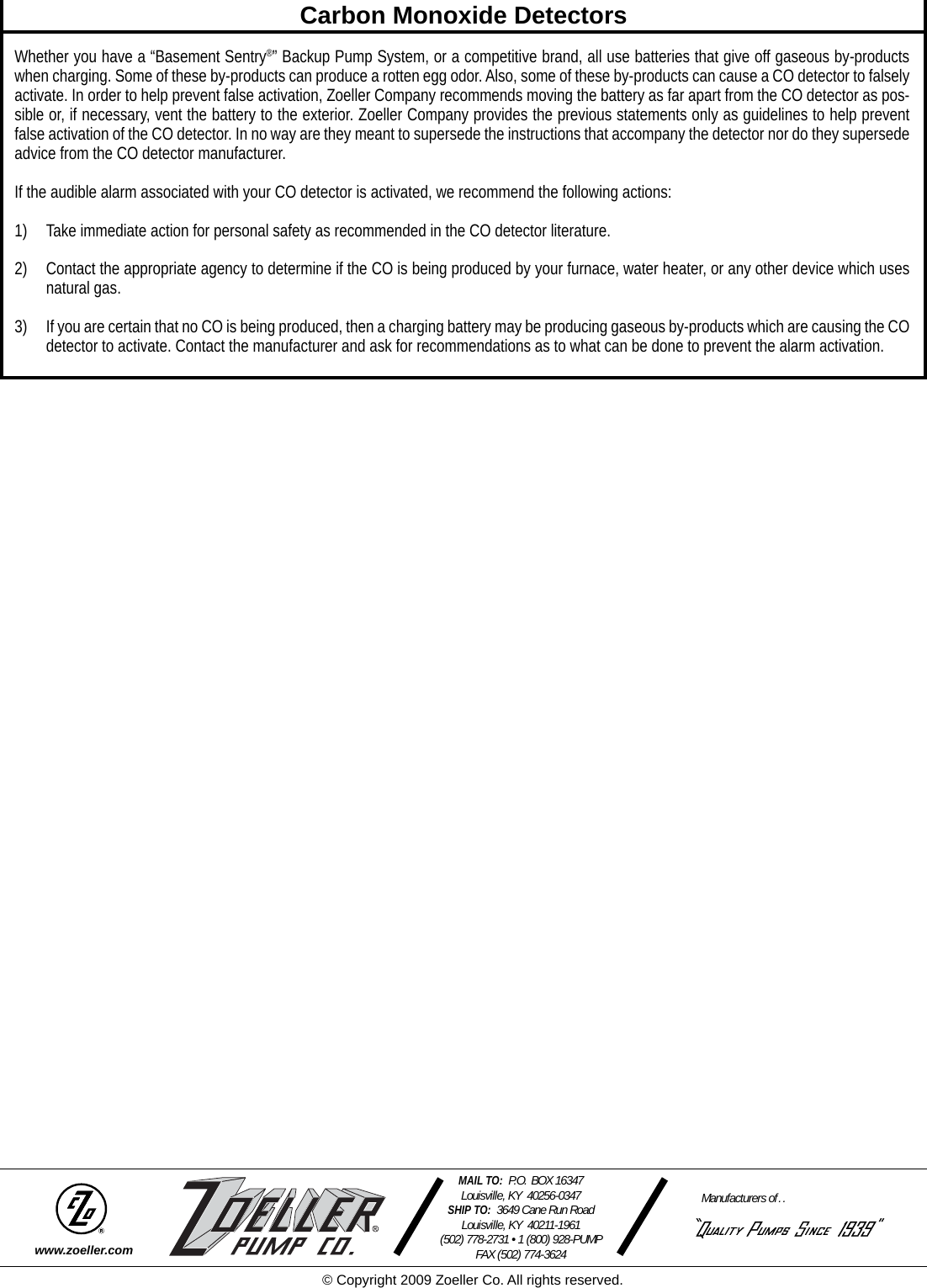 Page 8 of 8 - 537026 1 Zoeller 507 Basement Sentry System Installation Manual Fm1311-DC Pump Ins. User