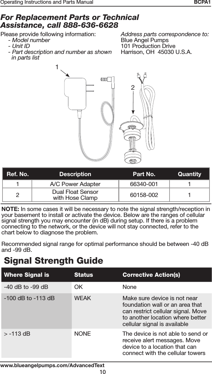 537034 2 Blue Angel Bcpa1 Sump Pump Alarm Instructions User Manual