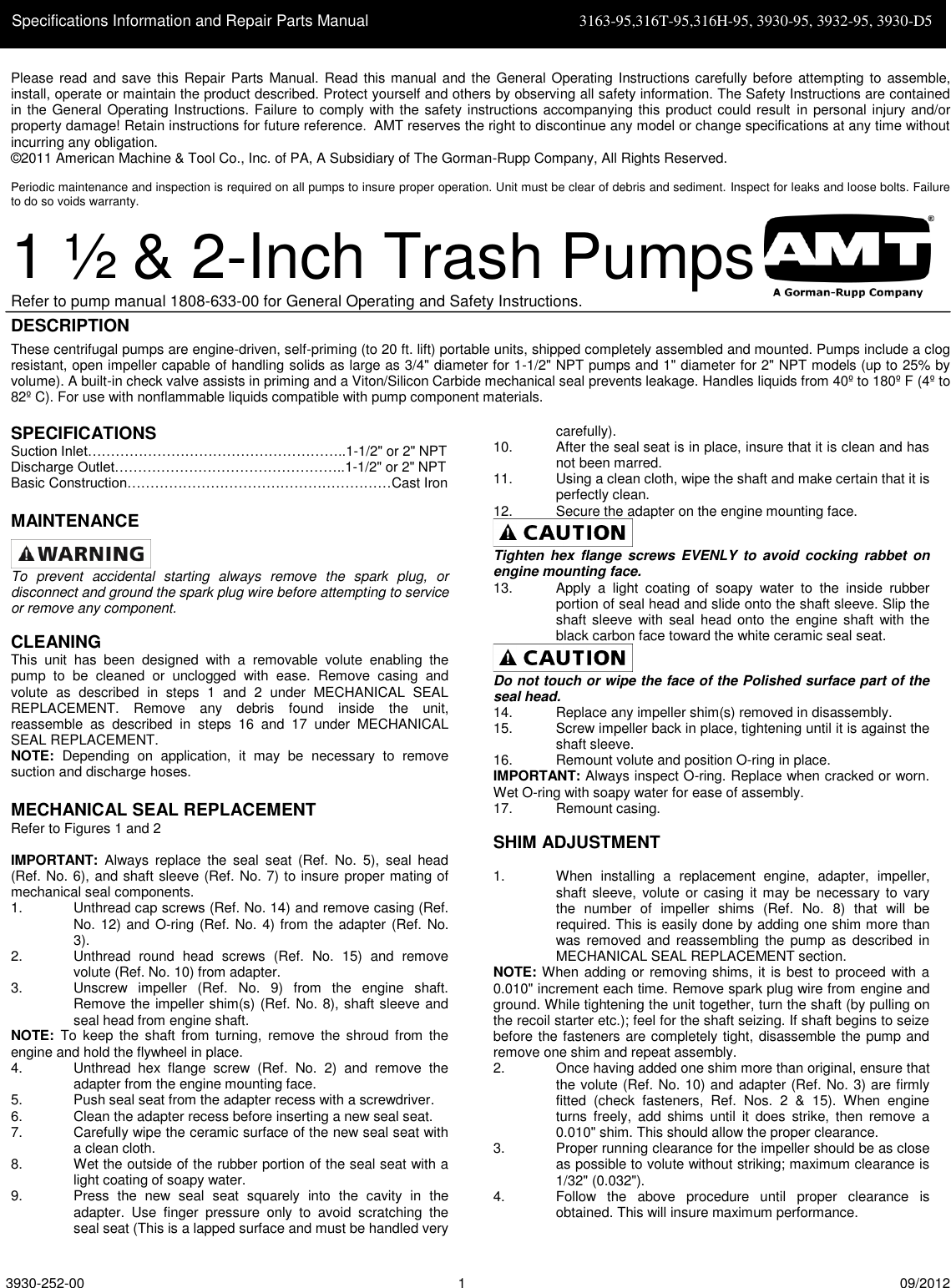 Page 1 of 4 - 537061 3 Amt 2-Inch Trash Pump Repair Parts User Manual