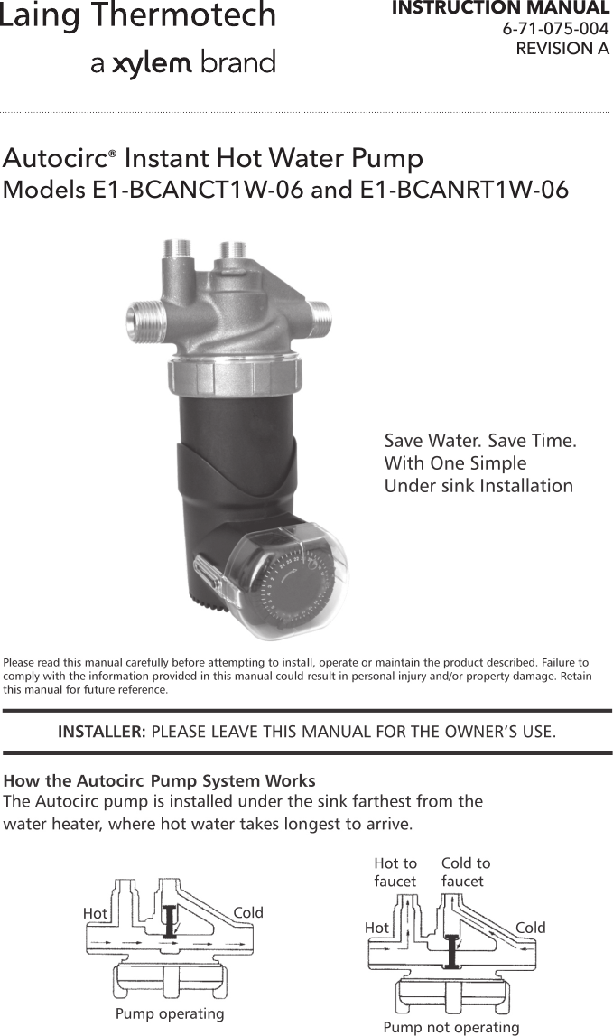 Page 1 of 8 - 537365 2 Laing Autocirc Instant Hot Water Pump Installation Manual User