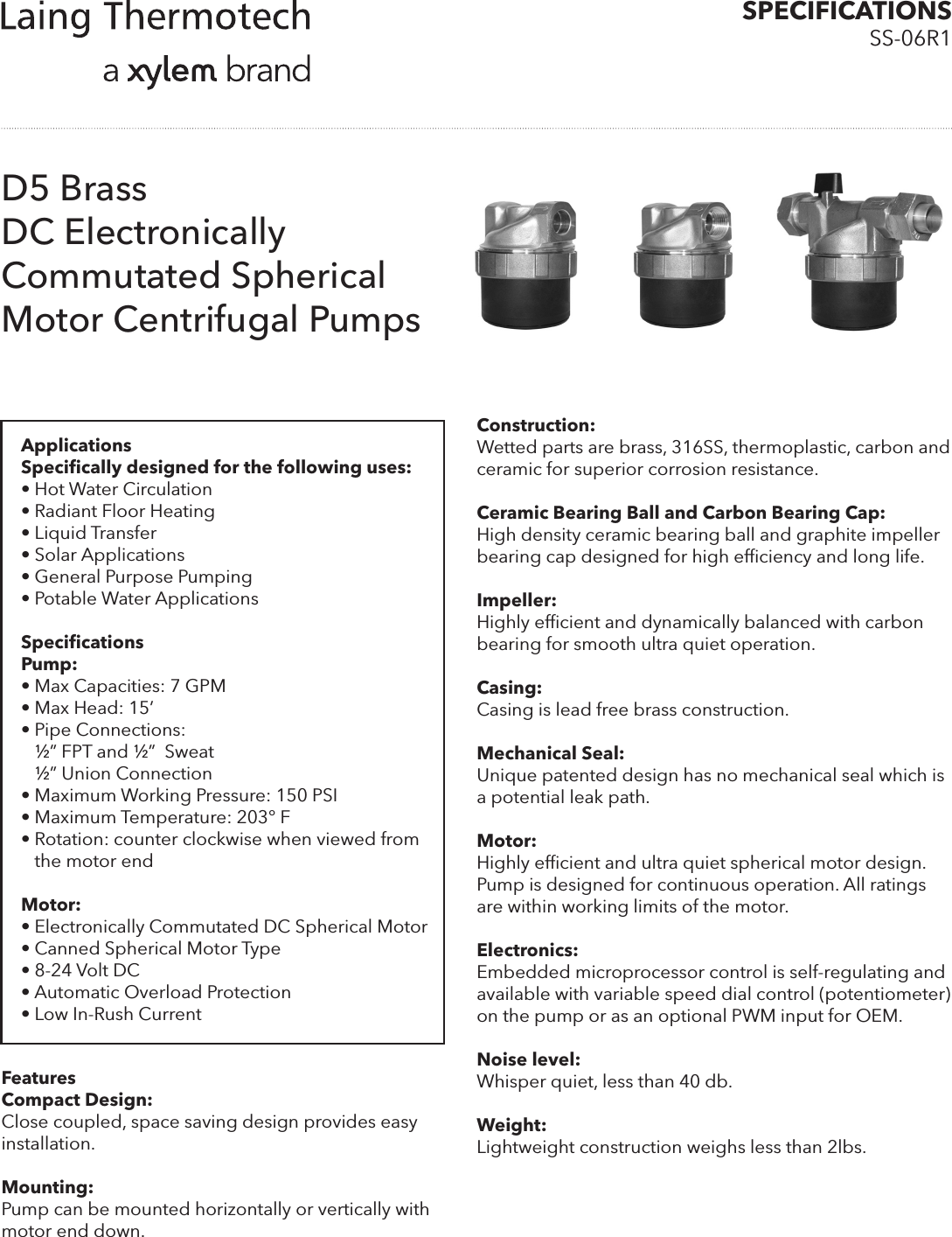 Page 1 of 2 - 537379 3 Laing D5 Series Solar Pump Specifications User Manual