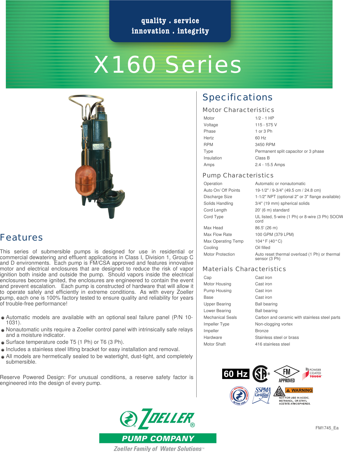 Page 1 of 2 - 537416 2 Zoeller X160 Series Explosion Proof Pump Specifications Company User Manual