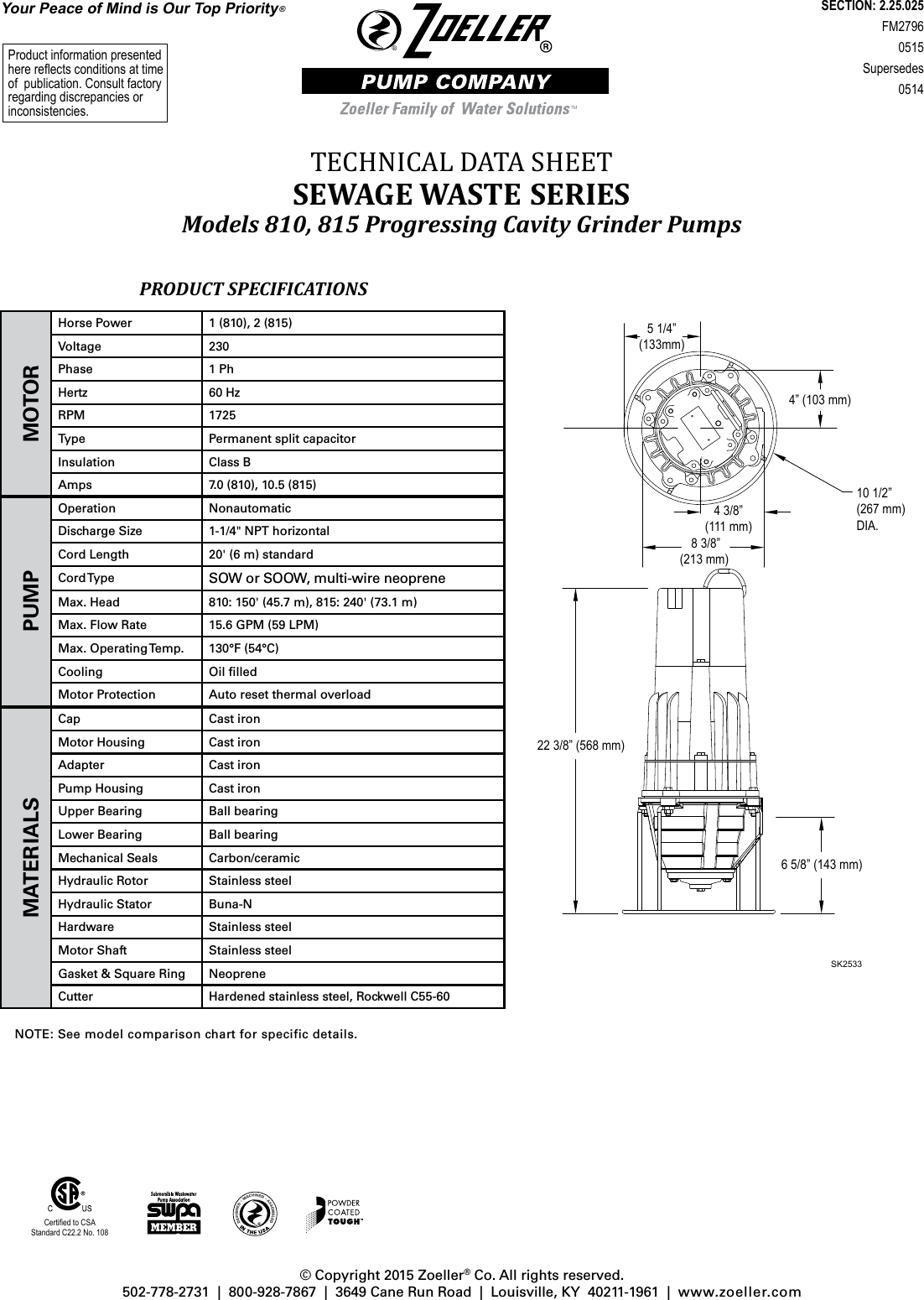 Page 1 of 4 - 537435 4 Zoeller 810 Grinder Pump Specifications User Manual