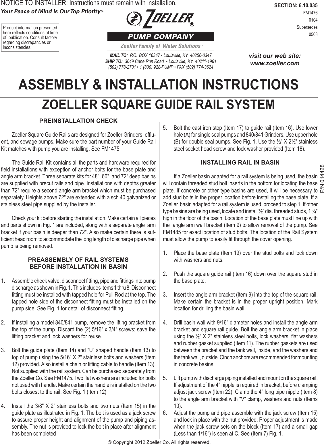 537470 2 Zoeller Square Guide Rail System Installation Instructions