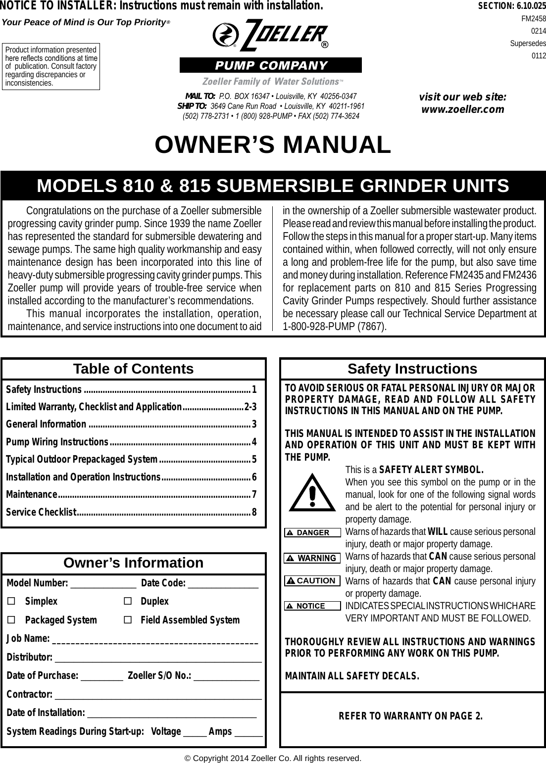 Page 1 of 8 - 537474 3 Zoeller E815 Grinder Pump Owners Manual User