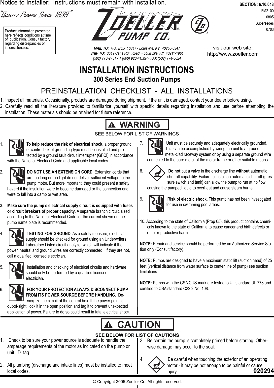 Page 1 of 8 - 537476 2 Zoeller 300 Series Centrifugal Pump Installation Instructions Fm2100-300 End Suction User Manual