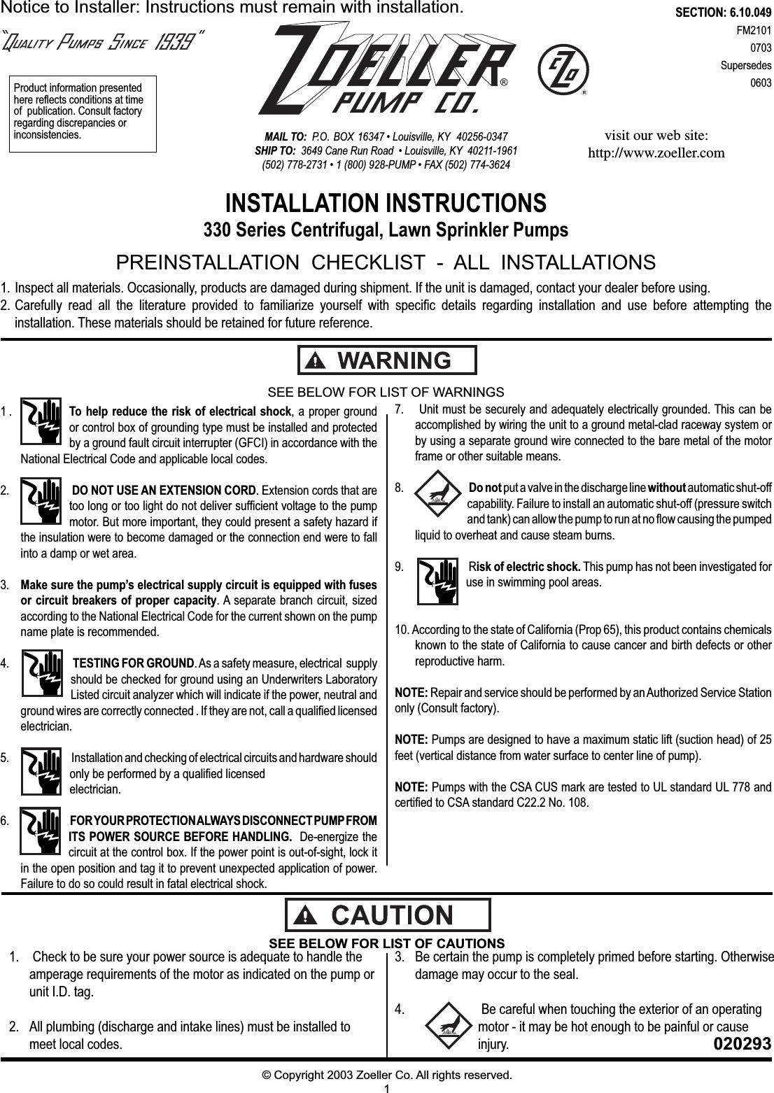 Page 1 of 8 - 537482 2 Zoeller Lawn Sprinkler Pump Installation Instructions 020293 Fm2101 User Manual