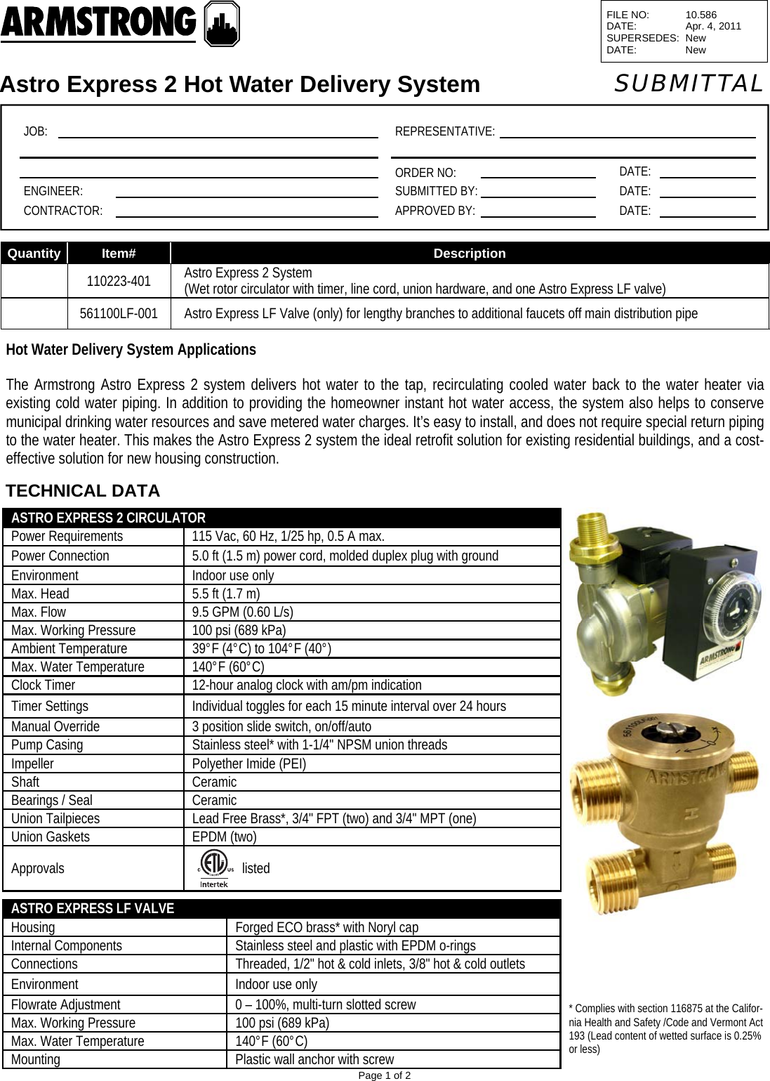 Page 1 of 2 - 537607 1 Armstrong Astro Express 2 Recirculator System Submittal 10.586_Astro_Express2_Hot_Water_Delivery_System_submittal_New User Manual