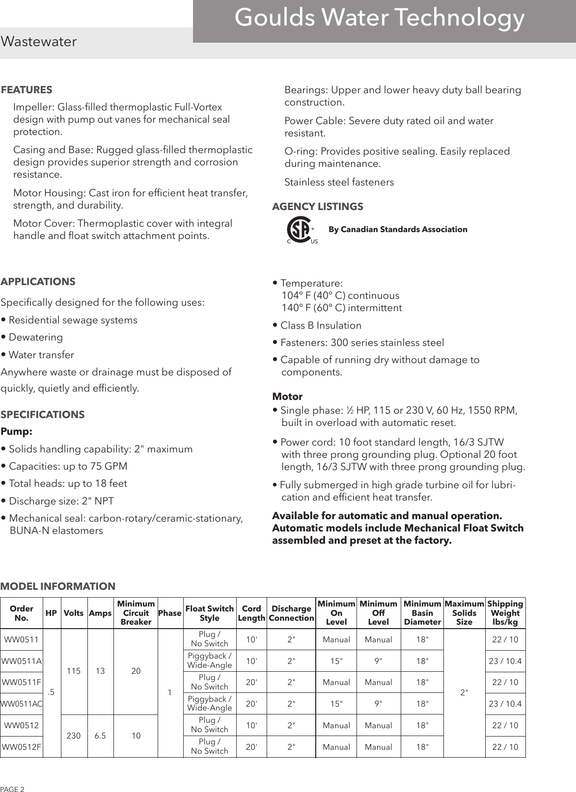 Page 2 of 4 - 538082 1 Goulds WW05 Series Submersible Sewage Pump Brochure