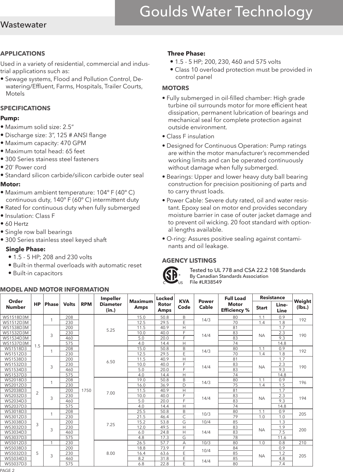 Page 2 of 4 - 538164 1 Goulds WS-D3 Series Submersible Sewage Pump Brochure