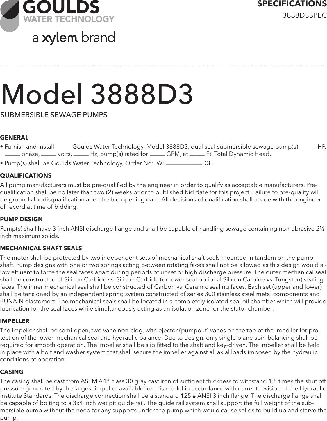 Page 1 of 2 - 538164 4 Goulds WS-D3 Series Submersible Sewage Pump Specifications