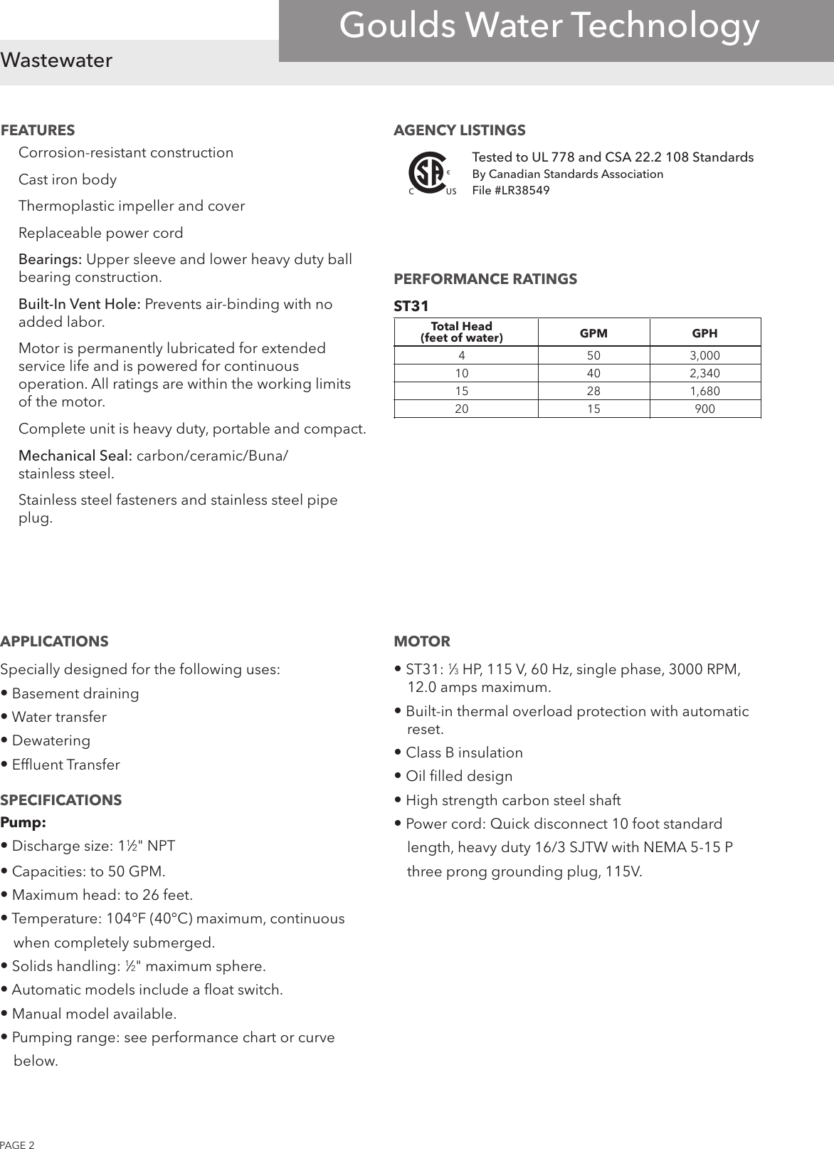 Page 2 of 4 - 538572 1 Goulds ST31 Sump - Effluent Pump Brochure