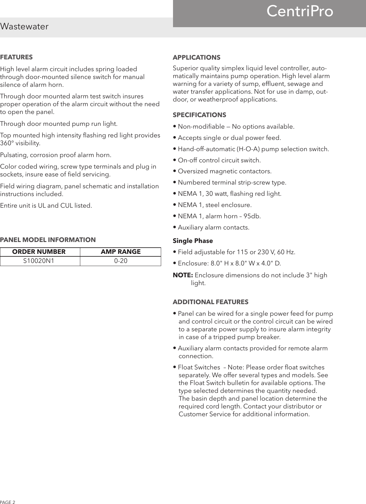 Page 2 of 4 - 538638 3 Goulds A Series Simplex Indoor Panel BCPA3 BCP1 S10020N1 Single Phase Control Technical Brochure