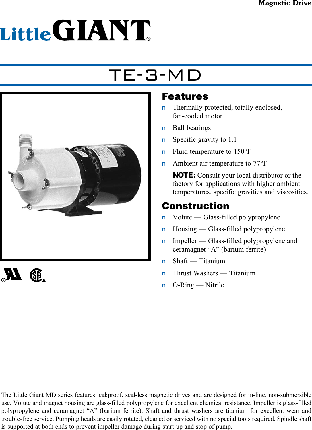 Page 1 of 2 - 539536 1 Little Giant TE-3-MD Magnetic Drive Pump Specs Sheet