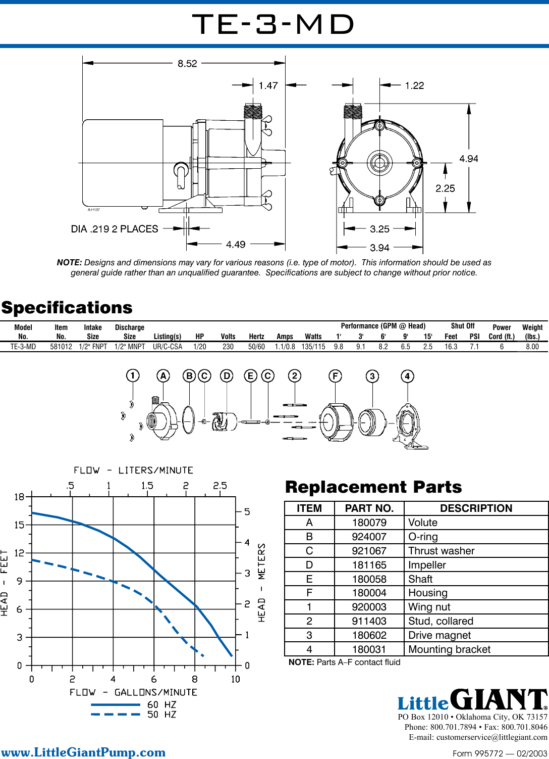 Page 2 of 2 - 539536 1 Little Giant TE-3-MD Magnetic Drive Pump Specs Sheet