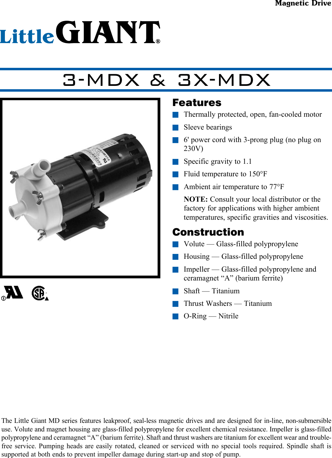 Page 1 of 2 - 539545 1 Little Giant 3X-MDX Magnetic Drive Pump Specs Sheet