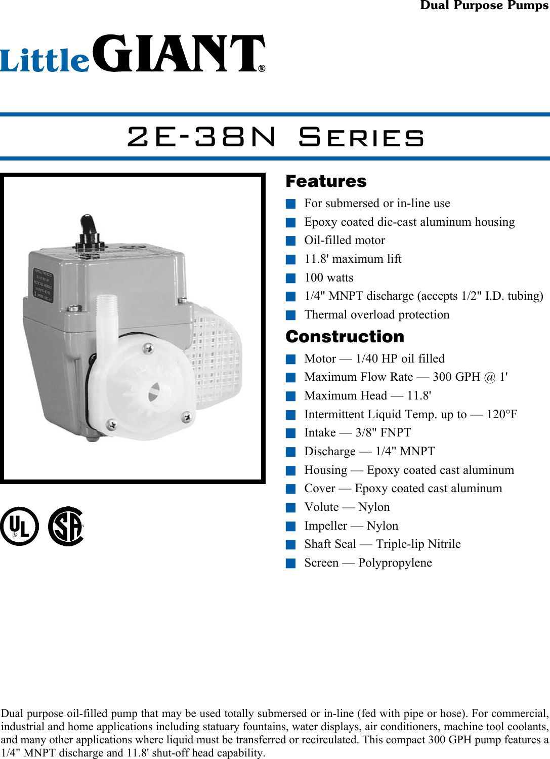 Page 1 of 2 - 539585 1 Little Giant 2E-38N Series Small Submersible Pump Spec Sheet