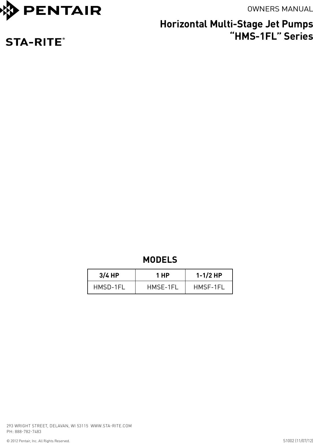 Page 1 of 8 - 539743 2 Sta-Rite HMS Series Jet Pump Owners Manual