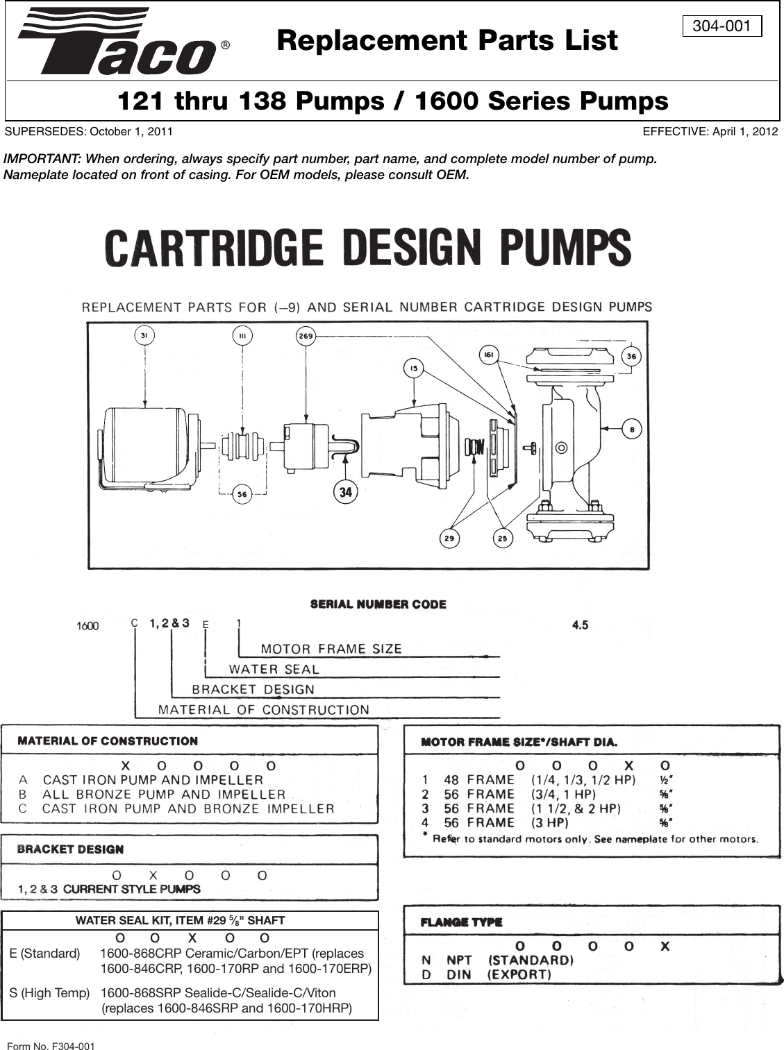 Page 1 of 4 - 539748 1 Taco 121 Thru 138 And 1600 Series Pump Repair Parts