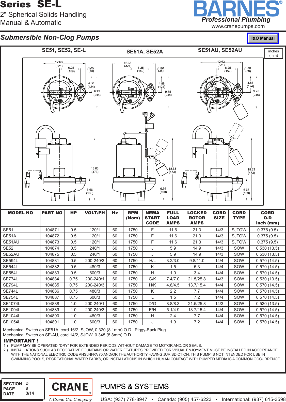 SEC D Rev P1 539762 1 Barnes SE L Sewage Pump Specifications