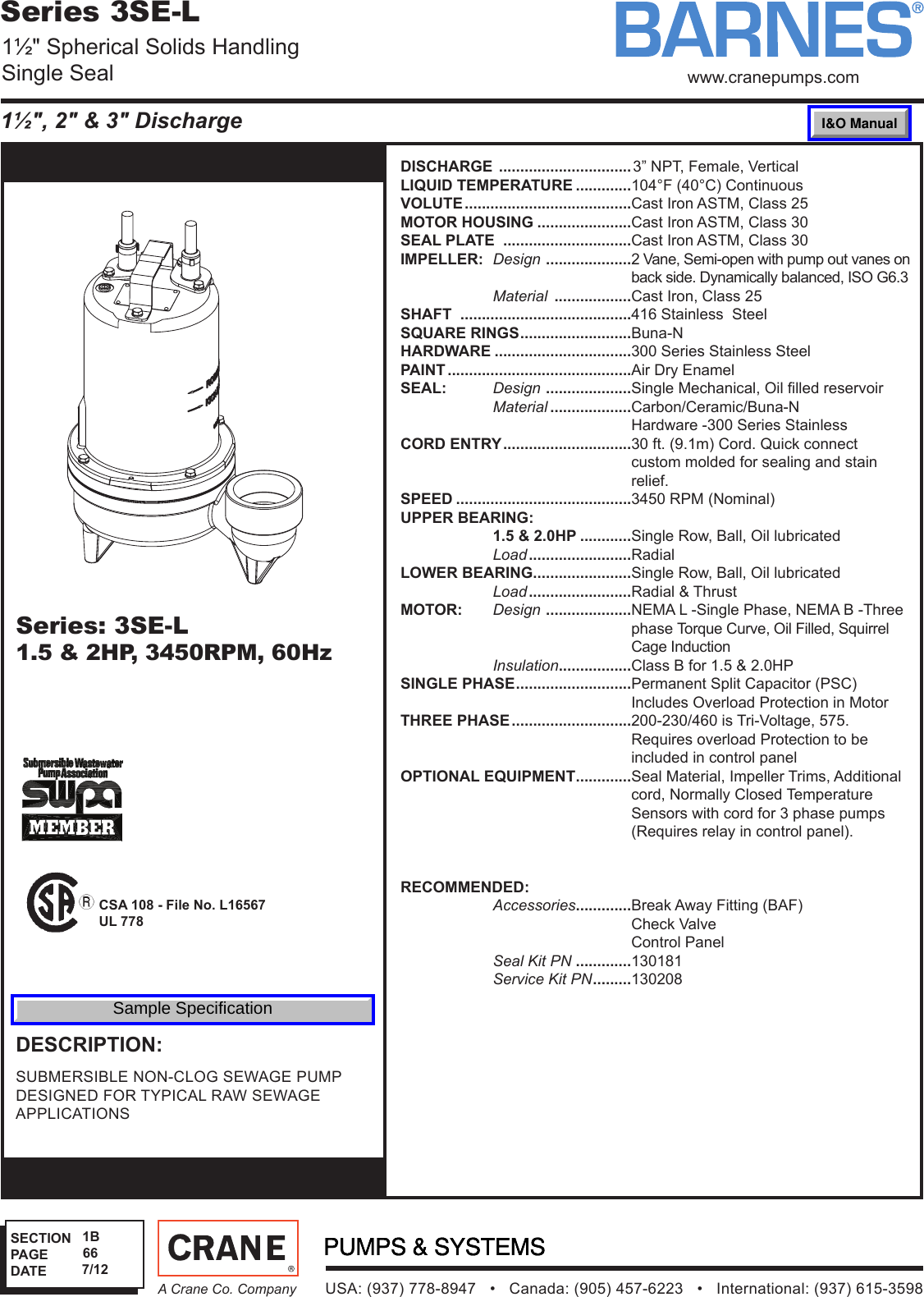 539762 2 Barnes Series 3Se L Sewage Ejector Pump Specification User Manual