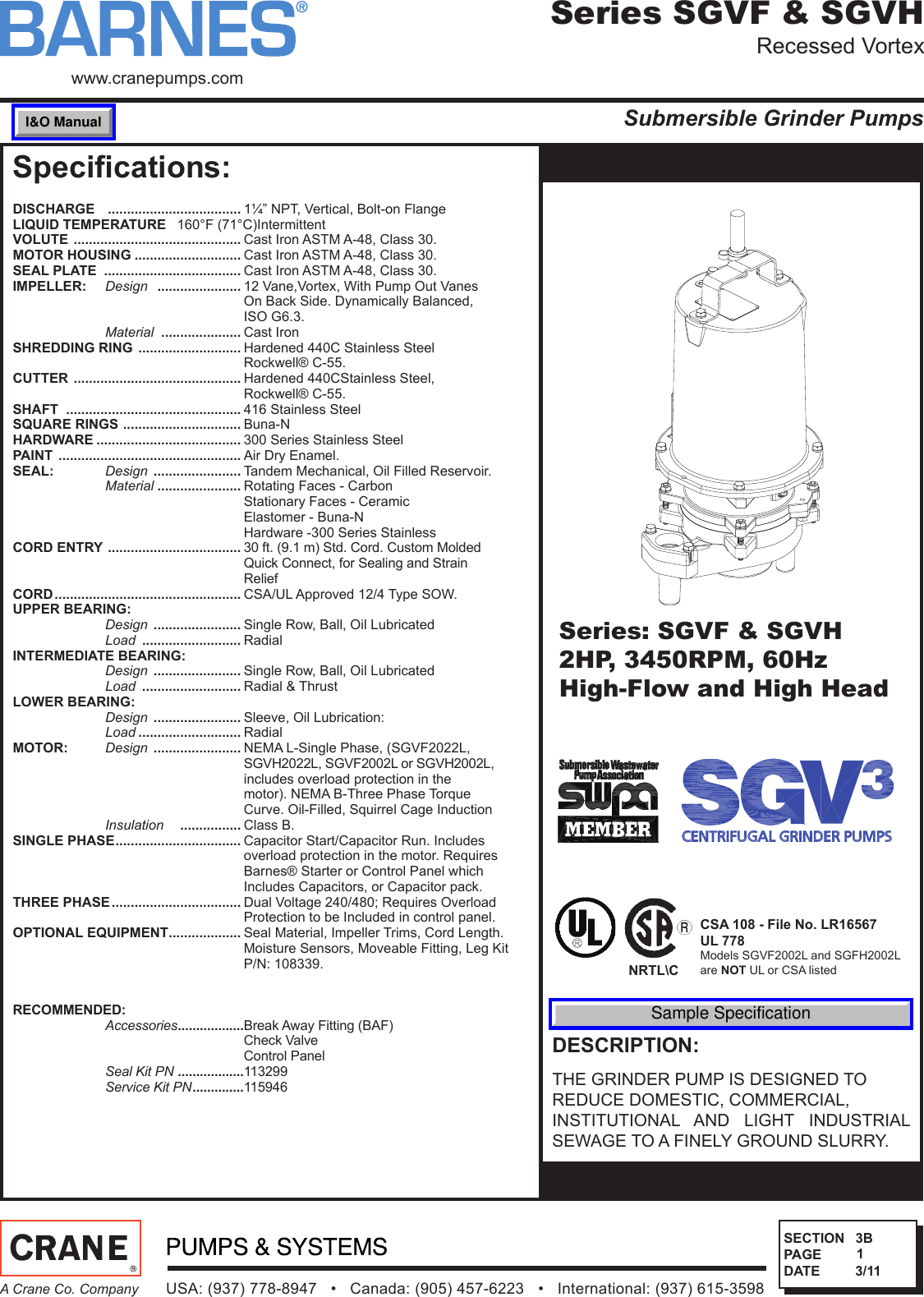 539789 2 Barnes Sgv Grinder Pump Specifications