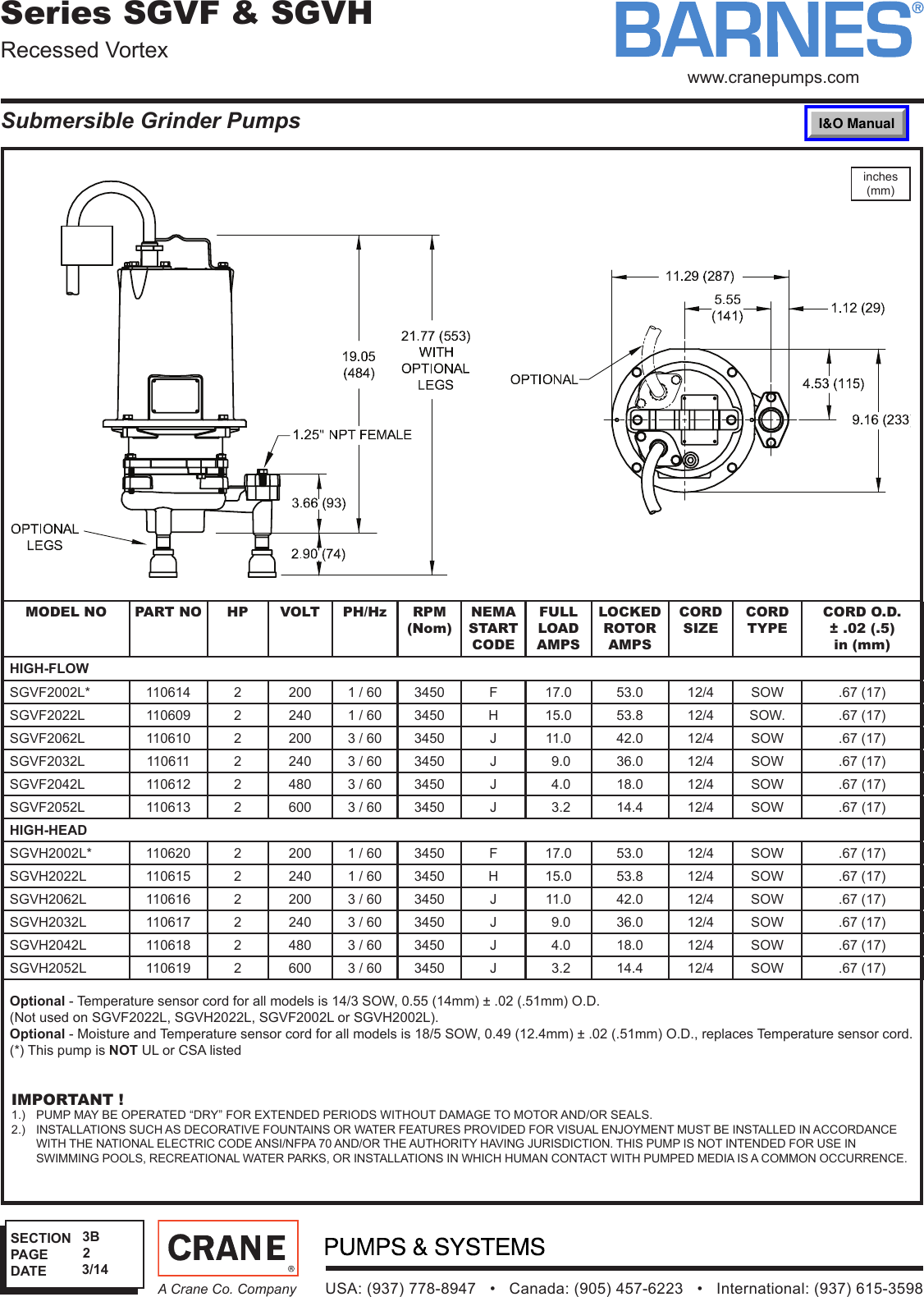 539789 2 Barnes SGV Grinder Pump Specifications