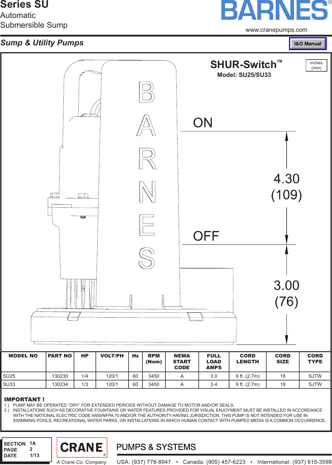 Page 2 of 2 - 539790 2 Barnes Su Series Submersible Sump Pump Data Sheet Sec-1a User Manual