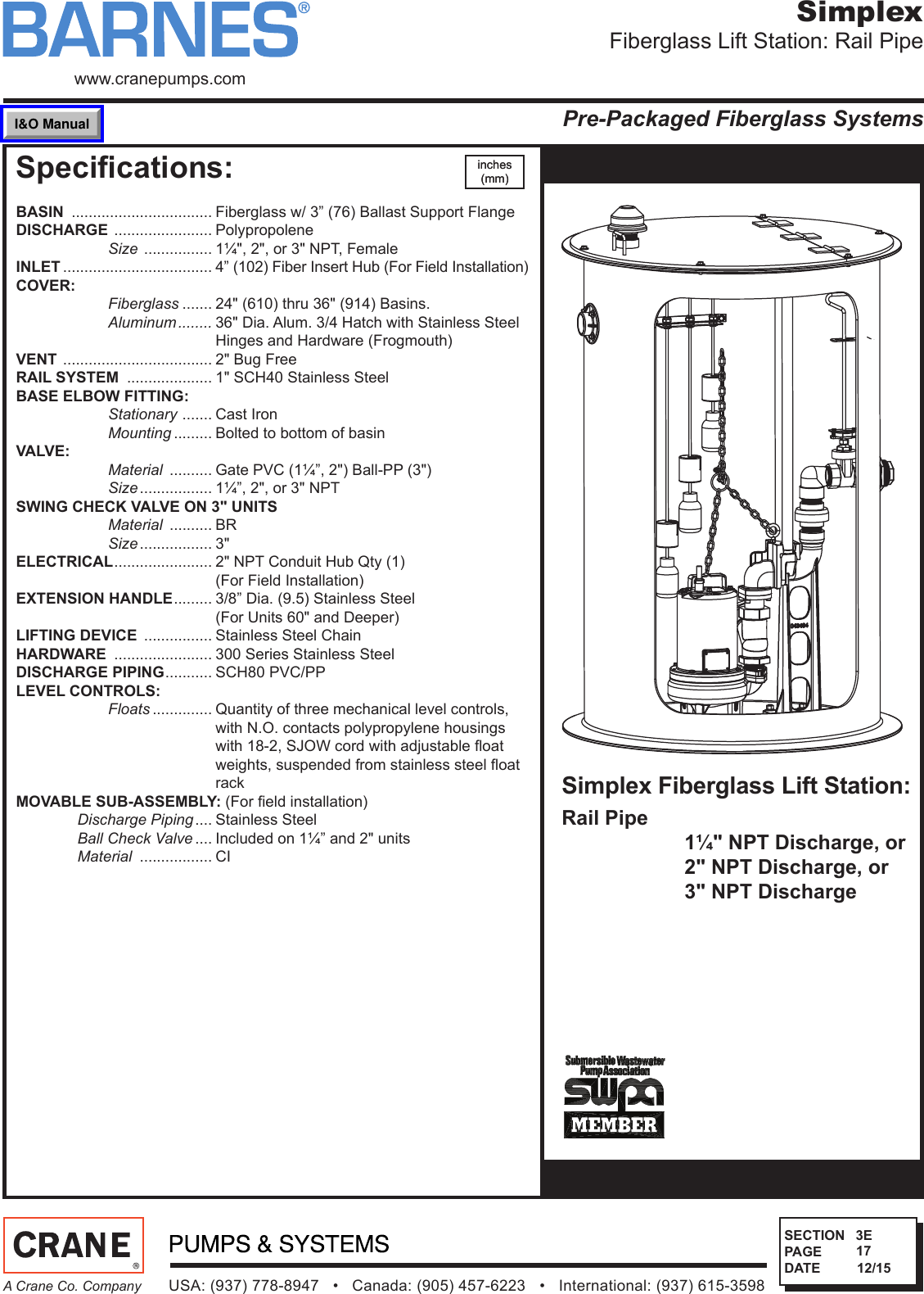 Page 1 of 6 - Sec-3e -REV-1  542501 2 Barnes Fiberglass Simplex Rail Pipe Lift Station Specifications