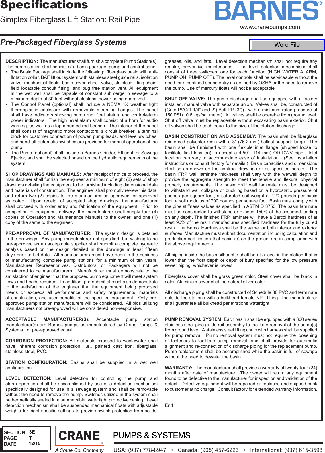 Page 3 of 6 - Sec-3e -REV-1  542501 2 Barnes Fiberglass Simplex Rail Pipe Lift Station Specifications