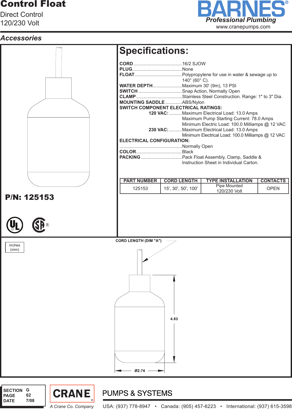 SEC G Rev P1 542725 1 Barnes Direct Control Float Switch Specifications
