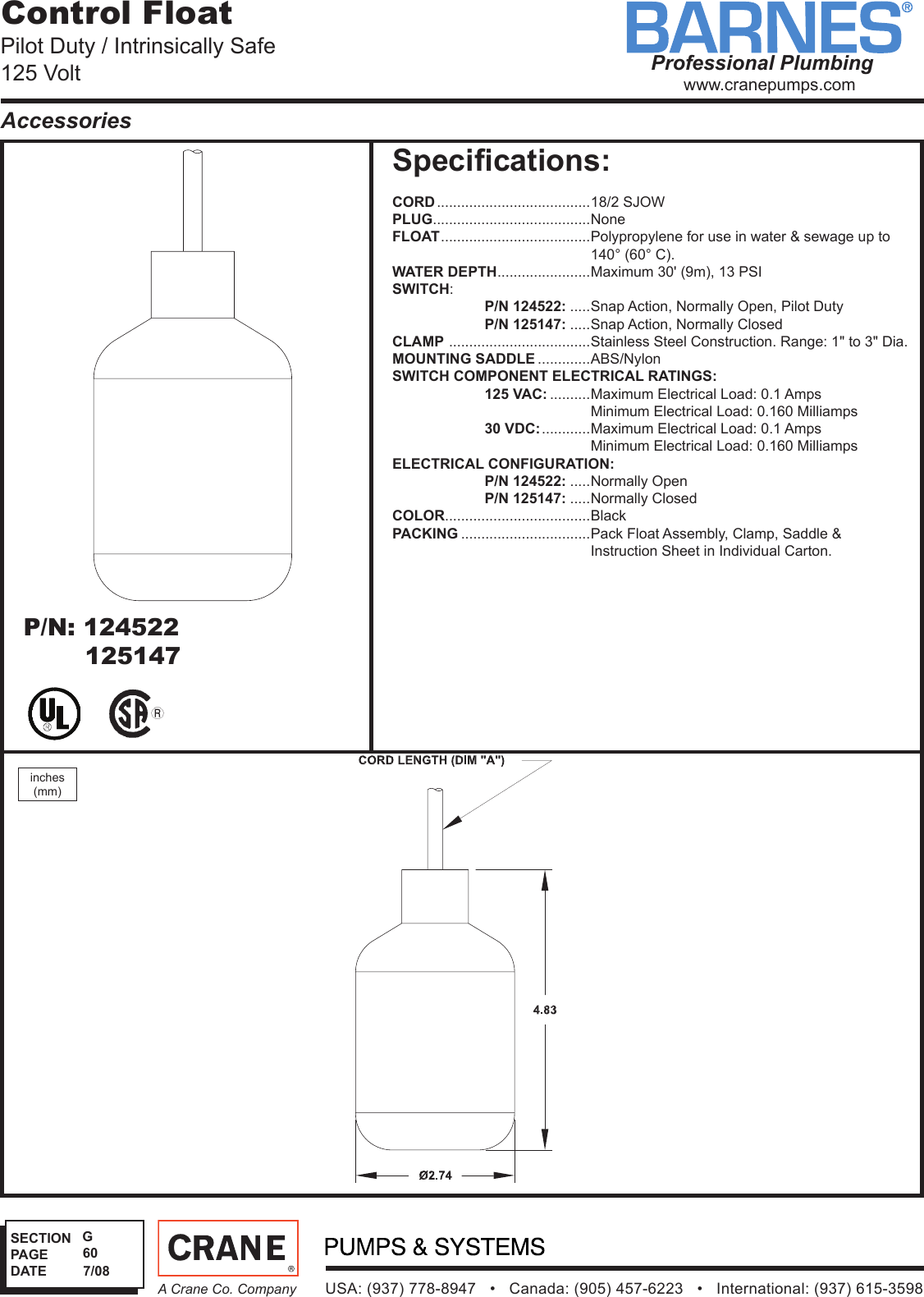 Page 1 of 1 - SEC-G Rev P1  542726 1 Barnes Pilot Duty Intrinsically Safe Float Switch Specifications