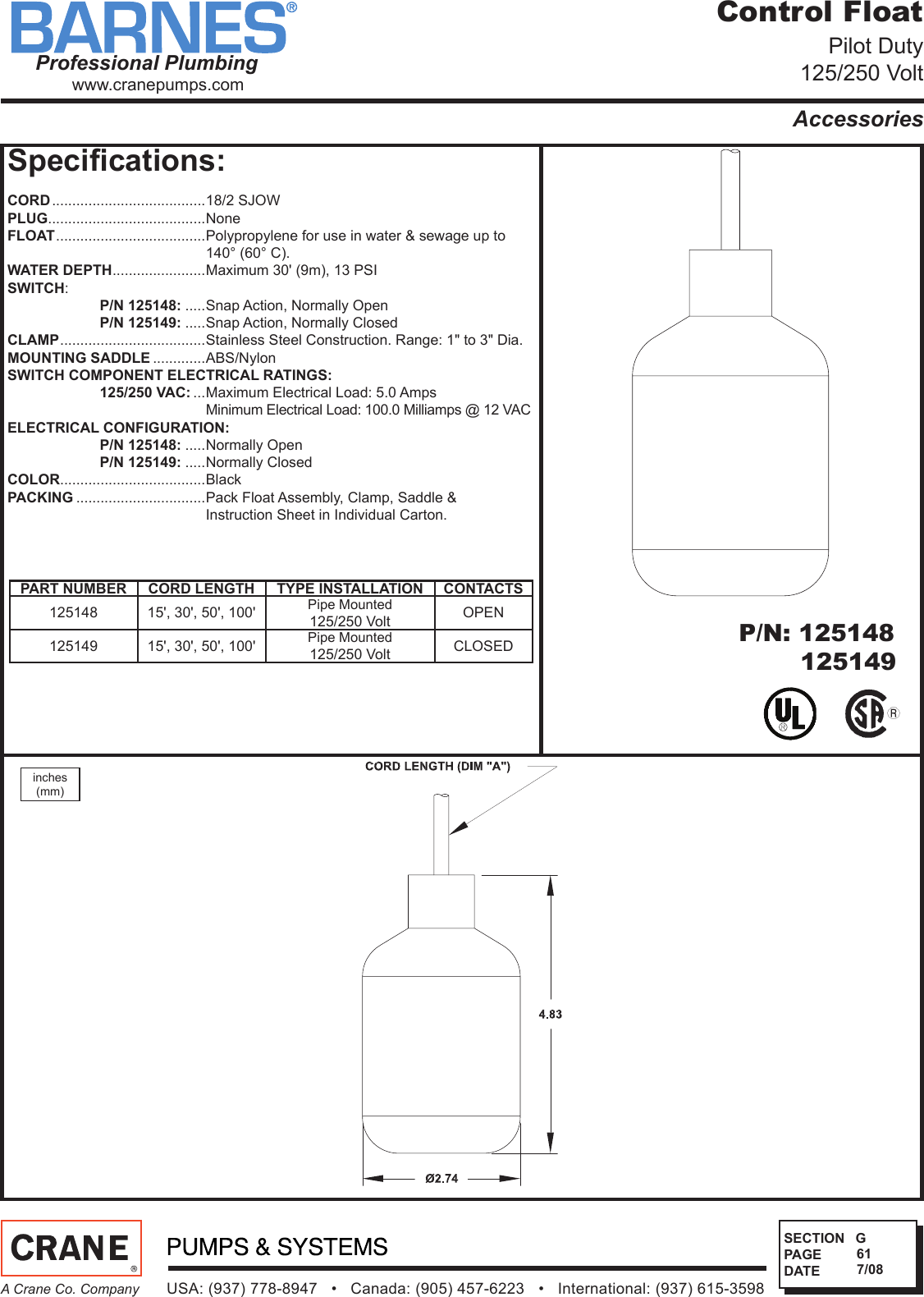 Page 1 of 1 - SEC-G Rev P1 542729 1 Barnes Pilot Duty Float Switch Specifications