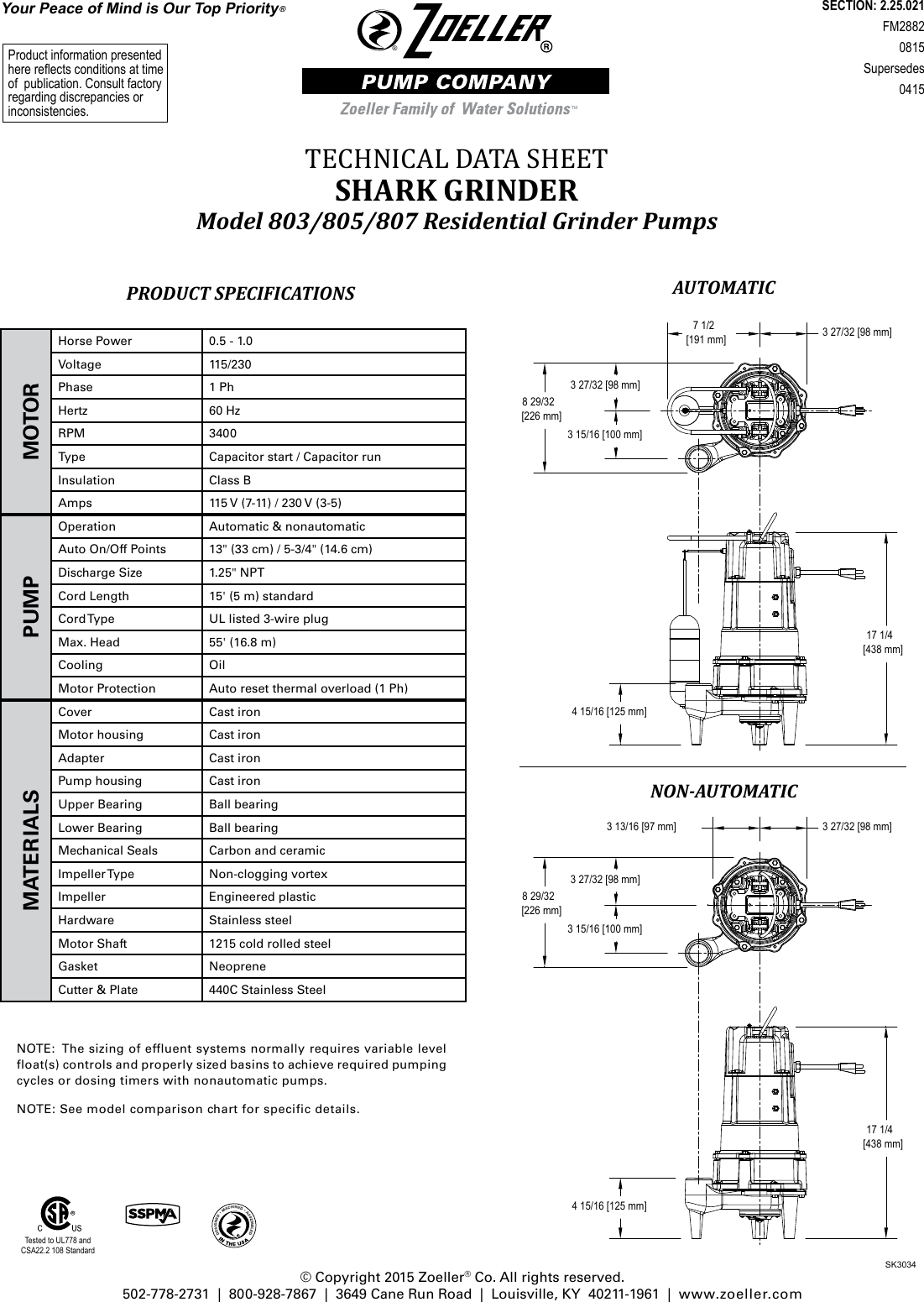 543172 2 Zoeller 803, 805, 807 Series Specifications