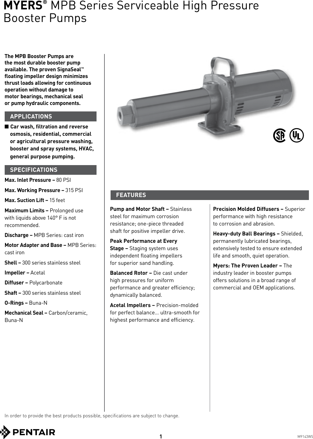 Page 1 of 4 - 544002 1 Myers MPB Series Specifications