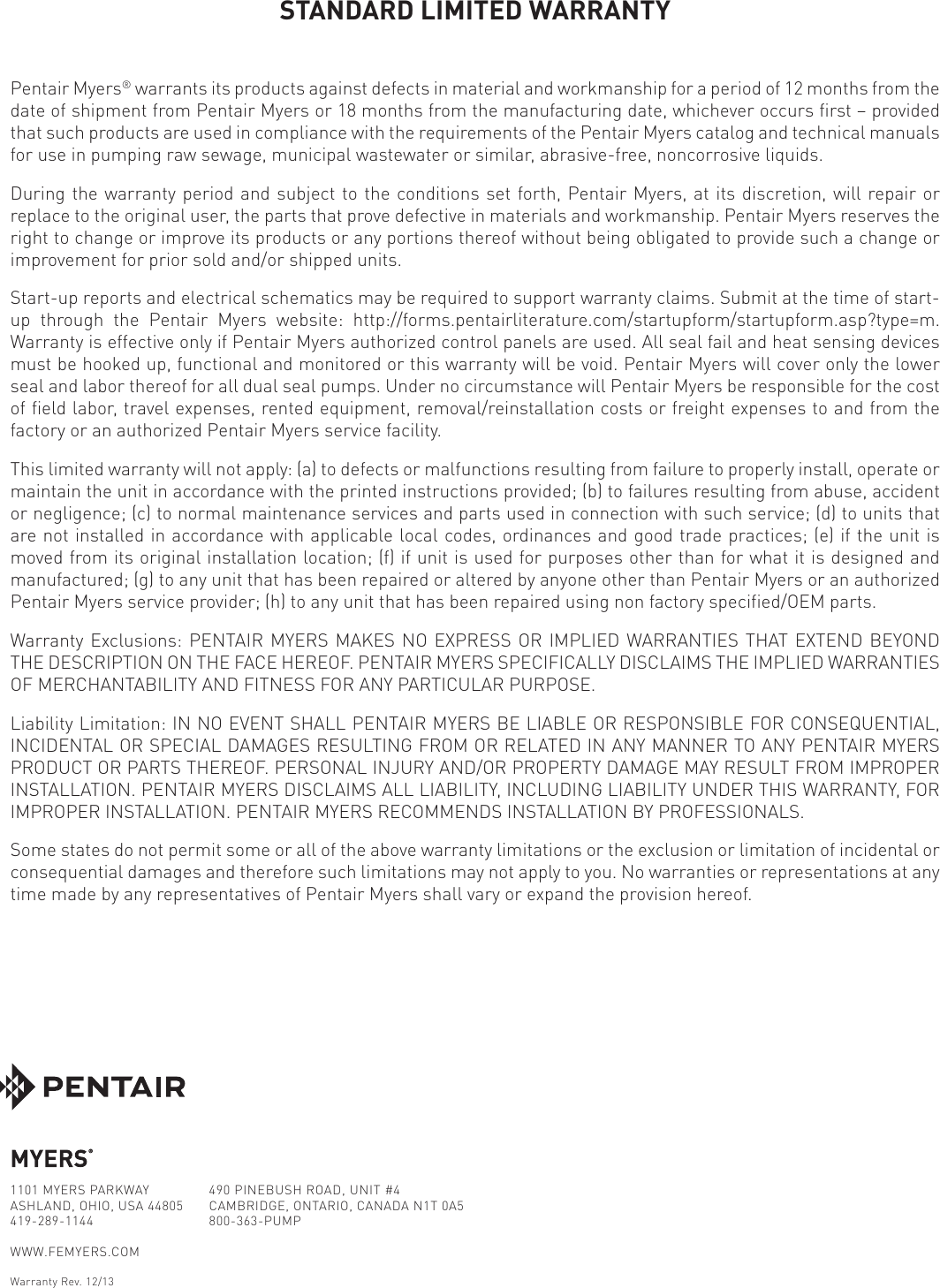 Page 12 of 12 - 544142 2 Myers 3RMW Sewage Pump Installation Manual