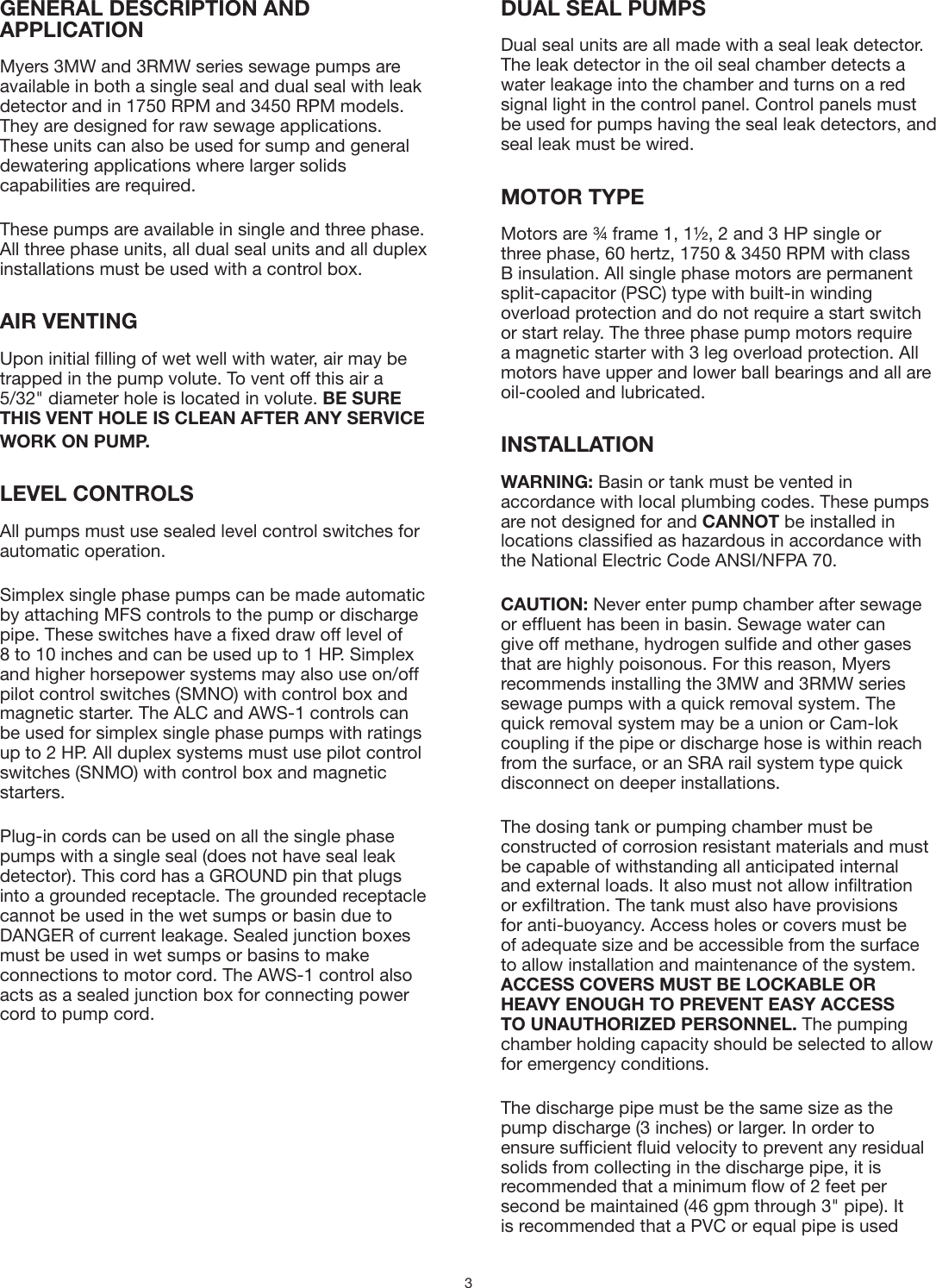 Page 3 of 12 - 544142 2 Myers 3RMW Sewage Pump Installation Manual