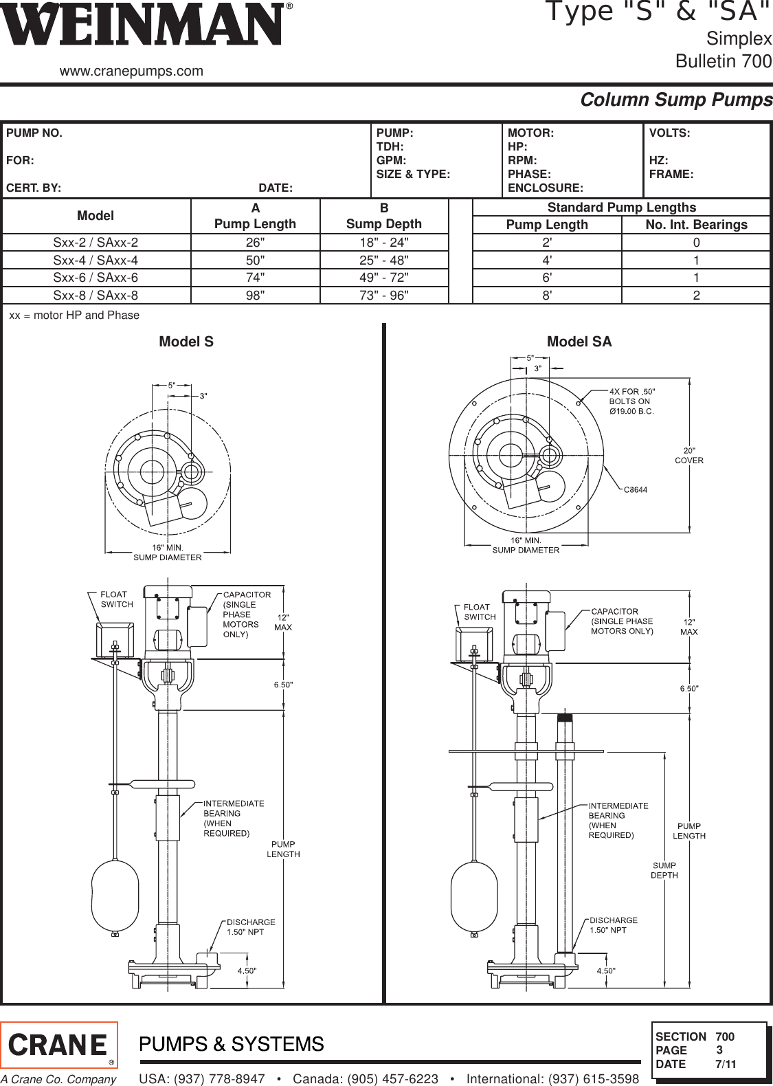 Page 1 of 1 - W700 544213 2 Weinman S & SA Column Sump Pump Dimensions