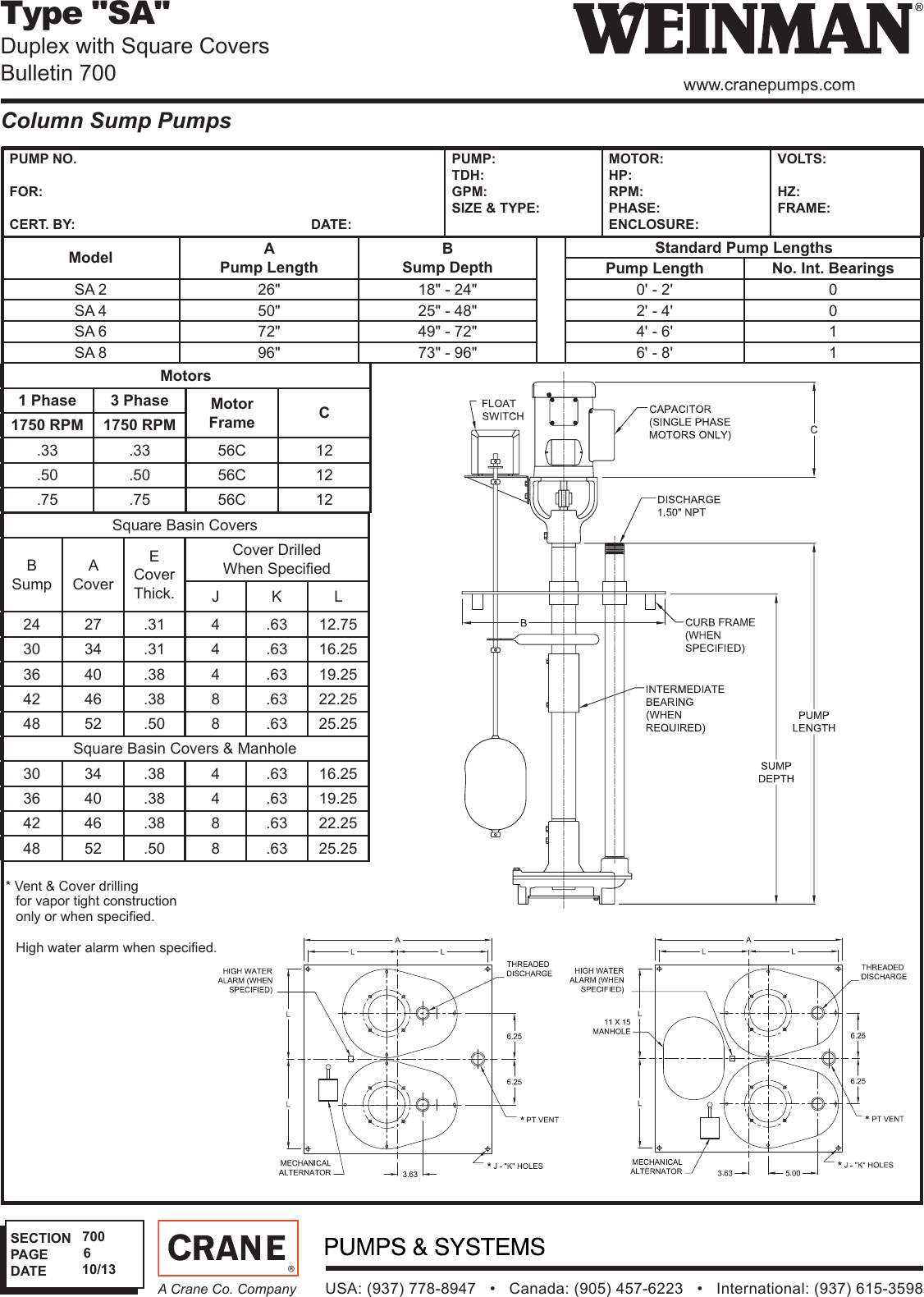 W700 544213 6 Weinman Sa Column Sump Pump Duplex With Square Cover