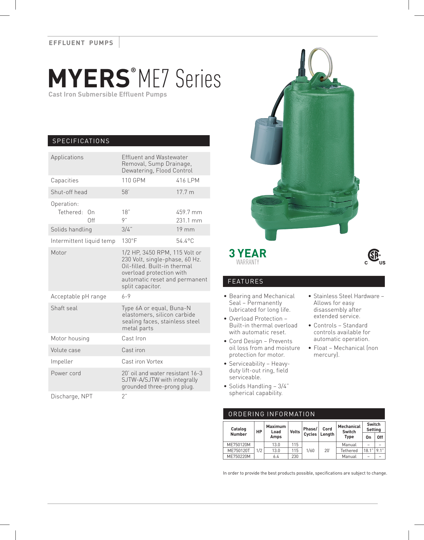 Page 1 of 2 - 544244 1 Myers ME7 Series Specifications