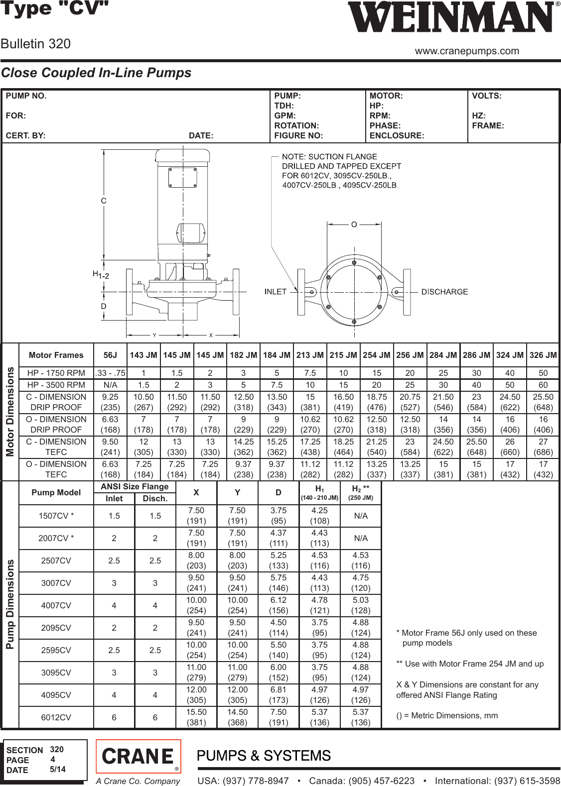 W320 544417 3 Weinman Type CV In Line Pump Dimensions