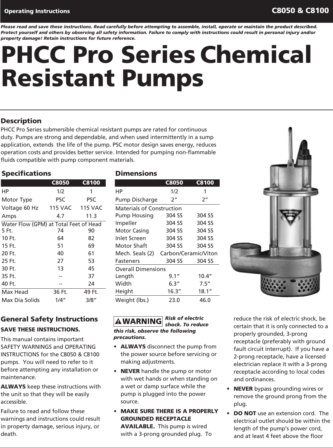 Page 1 of 7 - DaytonPumpsManual 1XHV4 & V5  544733 2 PHCC Pro Series C8 Chemical Pump Instruction Manual