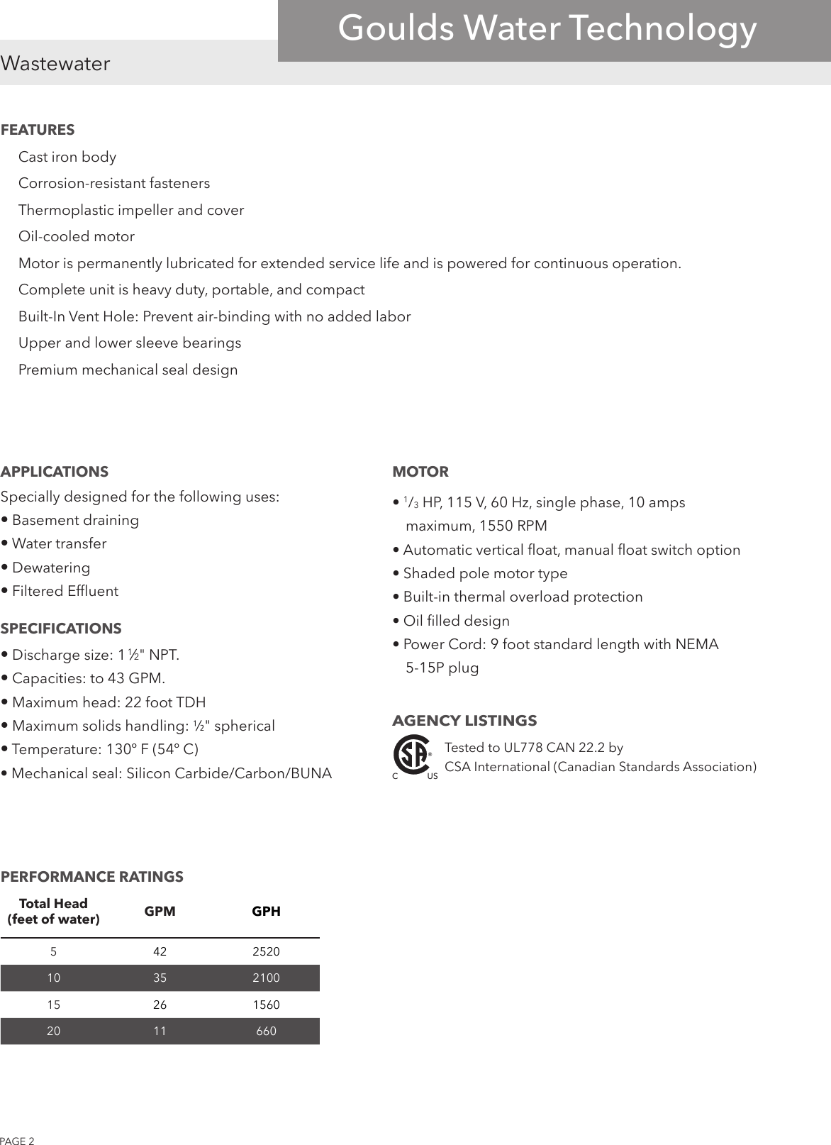 Page 2 of 4 - 545016 2 Goulds GSP0311 Sump-Effluent Pump Technical Brochure