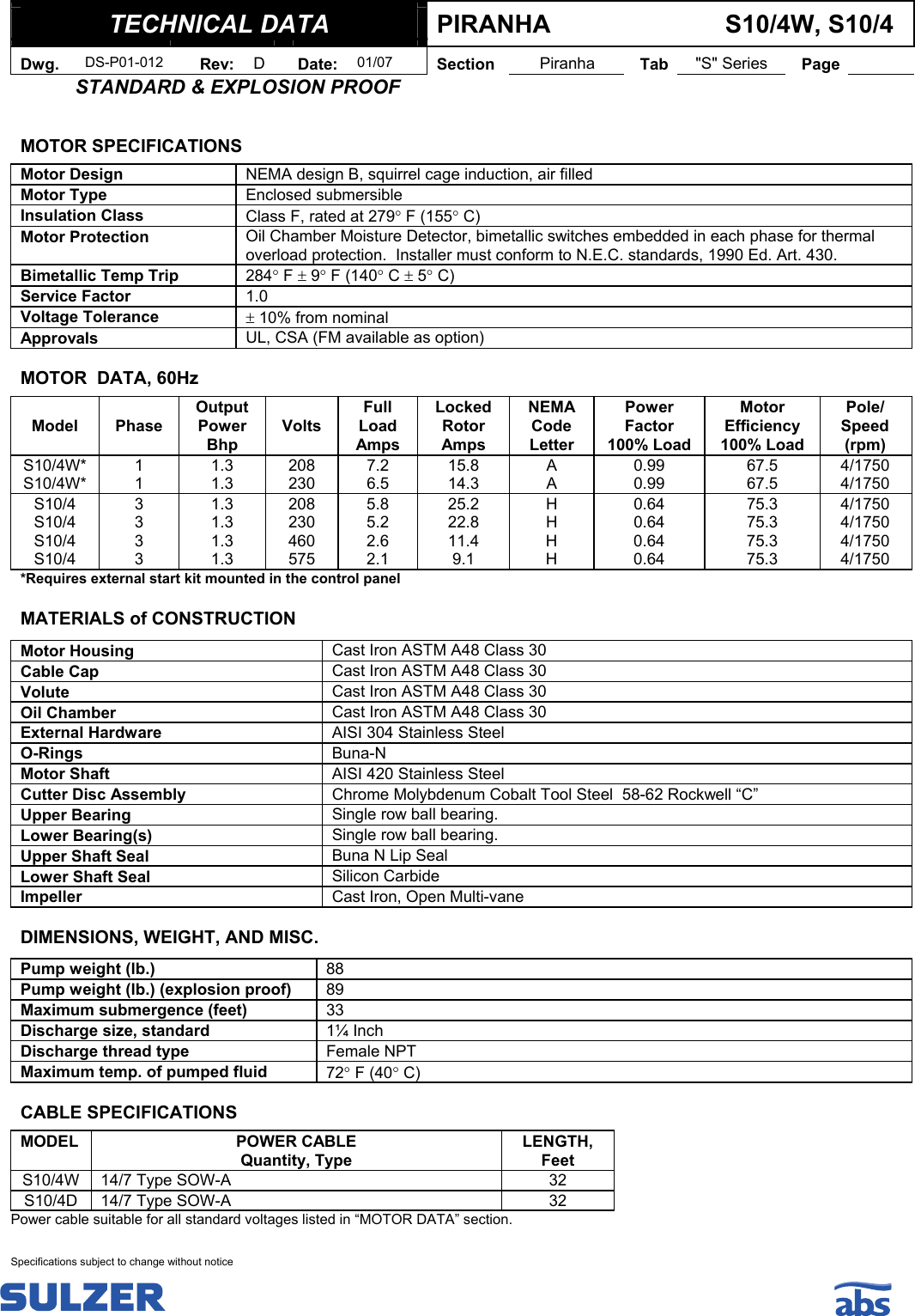 Page 1 of 1 - DS-P01-012 S10 4W & 4D Data Sheet  547784 4 ABS Piranha S10W Technical