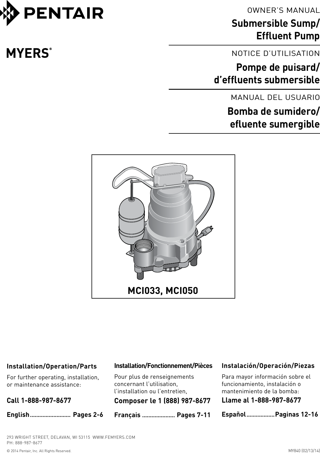 547921 2 Myers MCI Sump Pump Owners Manual